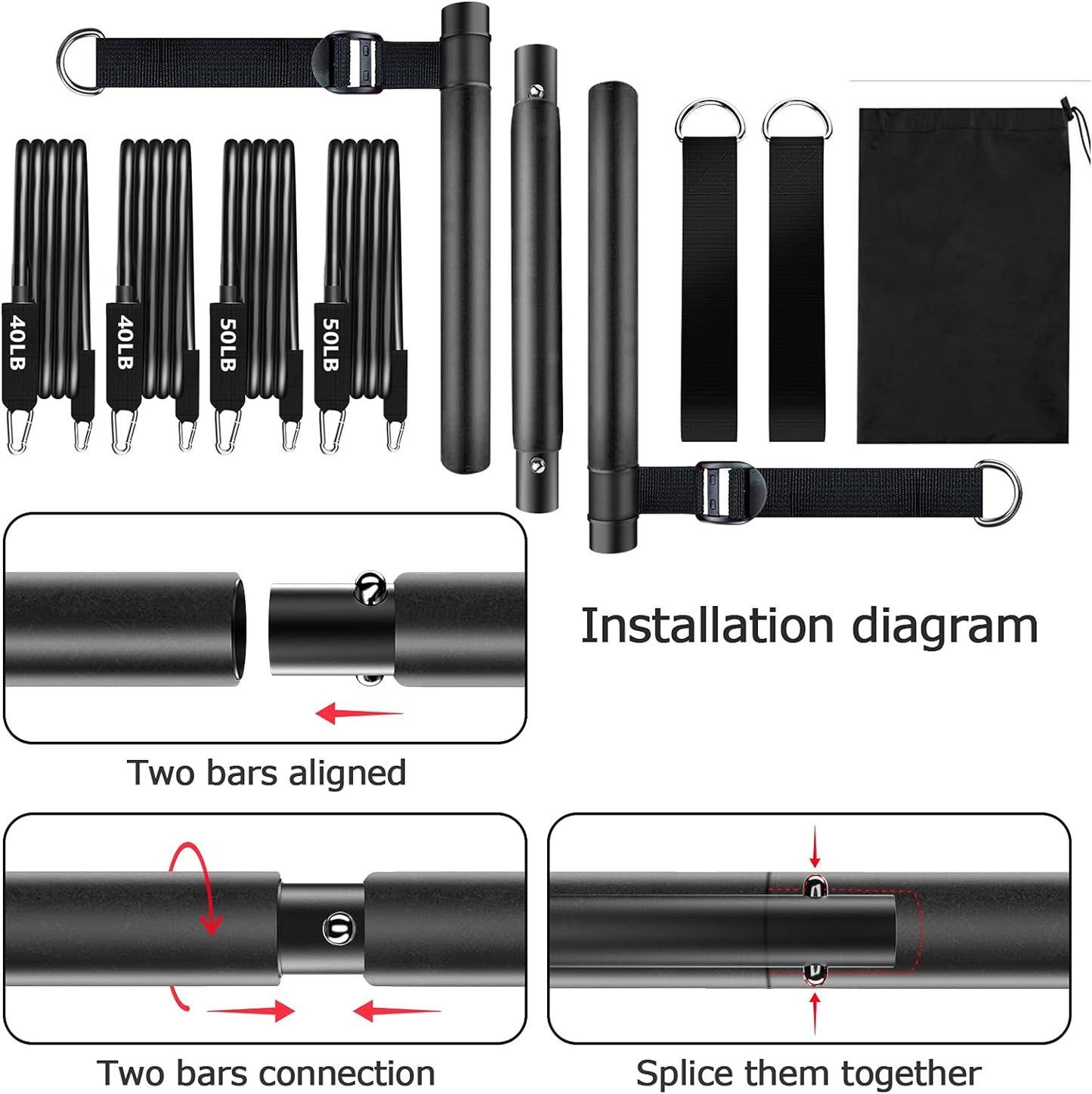 Pilates Bar Kit with Resistance Bands (40Lbs&50Lbs), 3-Section Resistance Band Bar with Adjustable Length, Workout Equipment for Home Gym Workout Legs and Butt for Full Body Shaping